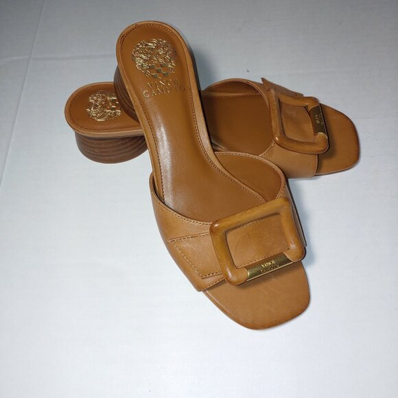 Vince Camuto Ladea Slip On Leather Buckle Sandals Golden Walnut Brown Sz 8.5 - Picture 7 of 10